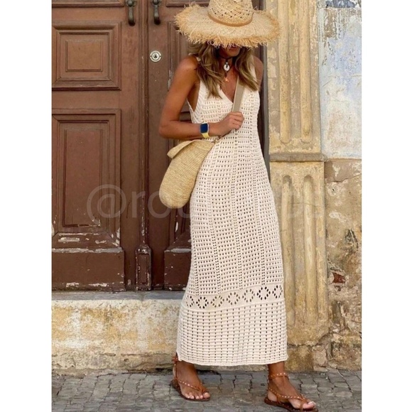 Hollow out Crochet Coverup Beige Summer Dress - Picture 1 of 9
